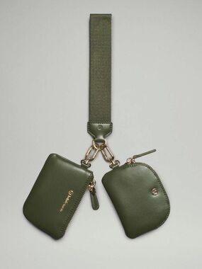 New Lululemon Dual Pouch Wristlet *Leather Alternative - Barracks Green / Gold